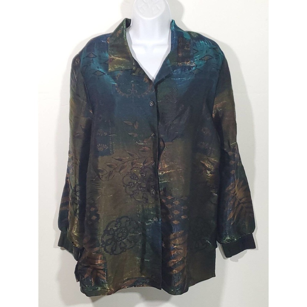 Allison Dailey Sz 14 Shimmery Satin Paisley Floral Button Down Evening Out Shirt